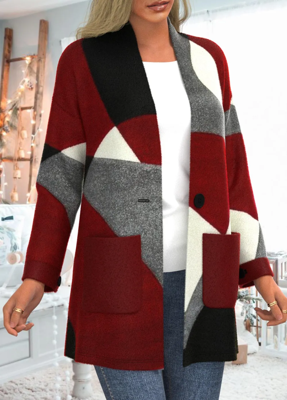 Wine Red Pocket Geometric Print Long Sleeve Coat