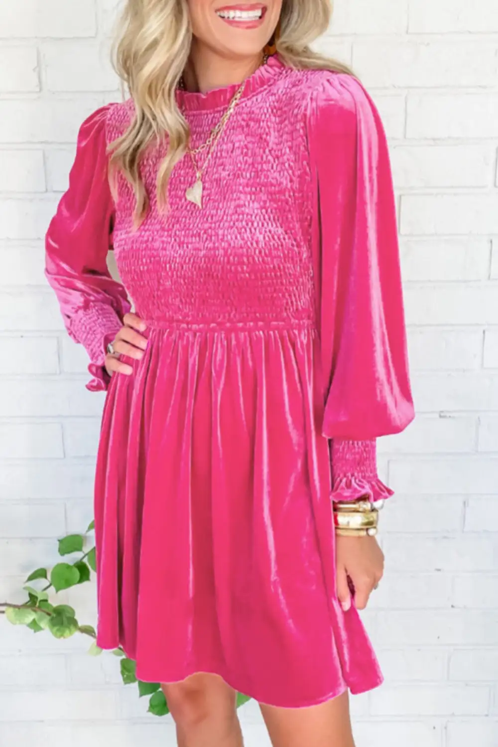 Classic Frilled Neck Smocked Bodice Velvet Dress