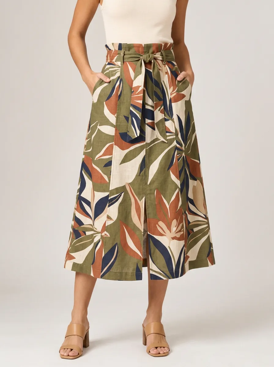 Women's Tropical Botanical Leaf Printed High-Waisted Midi Skirt
