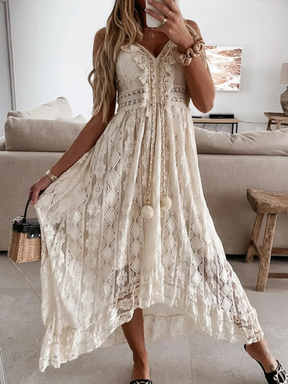 Lace V Neck Ruffle Maxi Dress