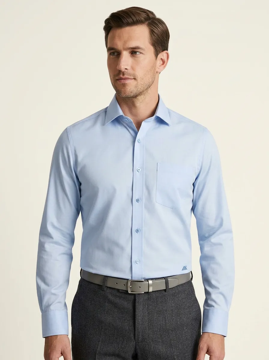 Men's Non-Iron Cotton Light Blue Solid Printed Dress Shirt