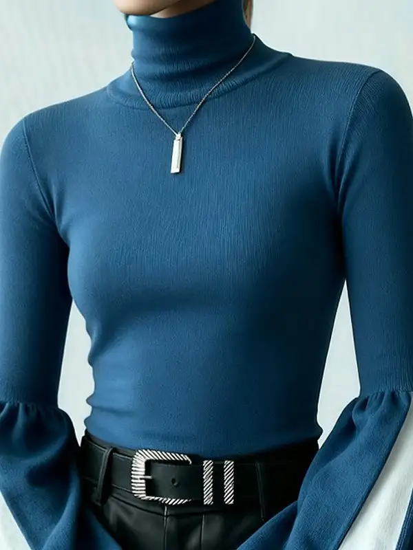 High Neck Puff Sleeve Long Sleeve Pullover Sweater