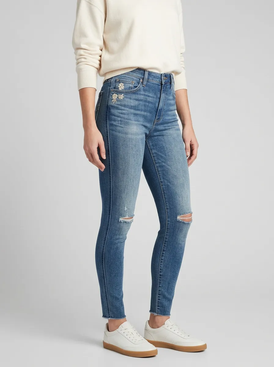 Women's Stone Floral Embroidery Distressed Printed Slim Jeans