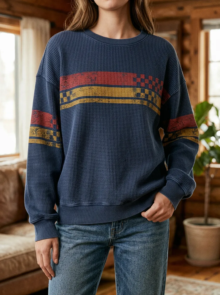 Women's Vintage Striped Checkerboard Printed Waffle Knit Crewneck Sweatshirt
