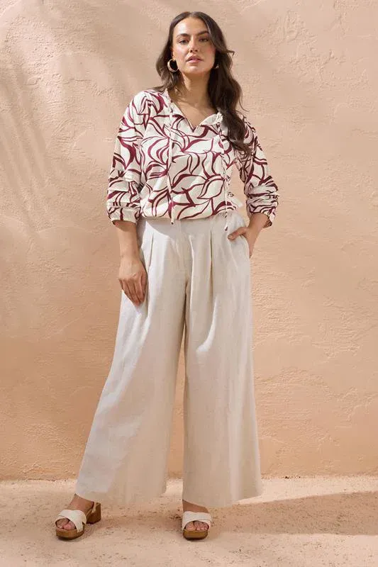 Natural Brown Abstract Floral Cotton Top
