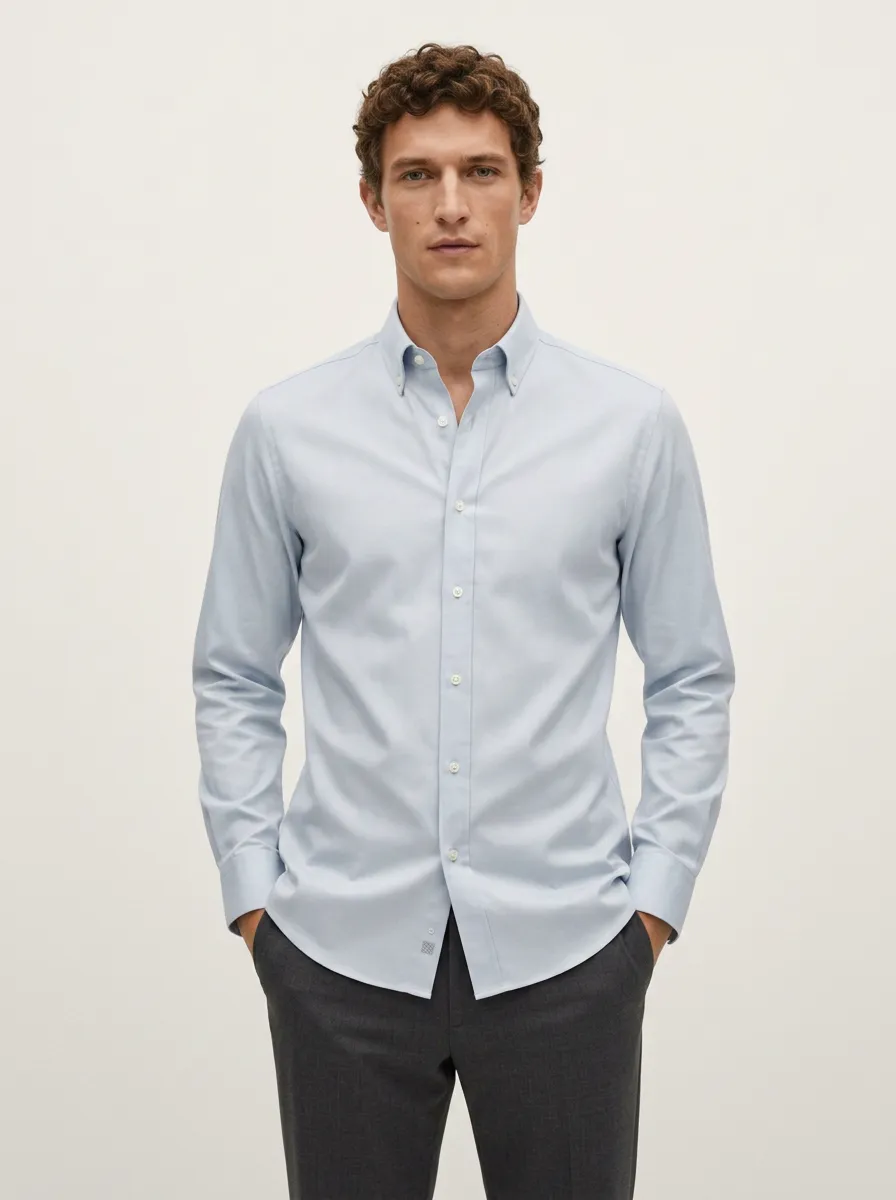 Men's Non-Iron Cotton Solid Light Blue Button-Down Shirt