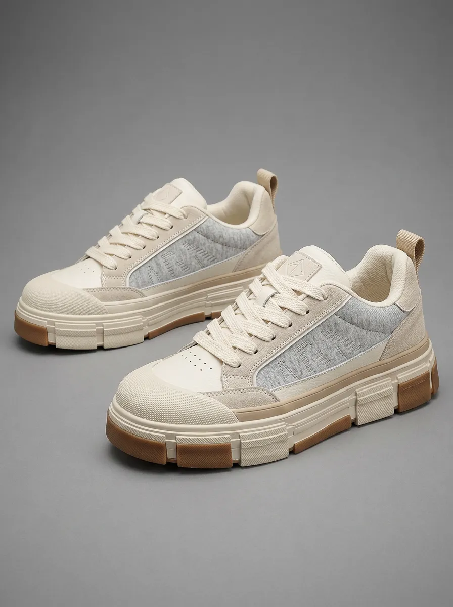 Men's Casual Beige Grey Colorblock Chunky Sole Printed Sneakers