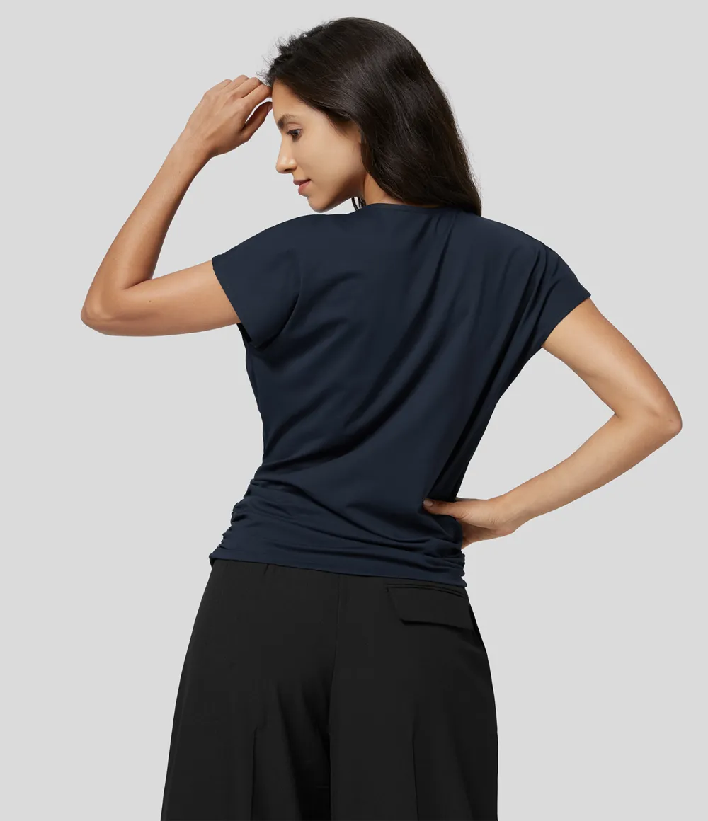 V Neck Cap Sleeve Crossover Ruched Solid Work Blouse