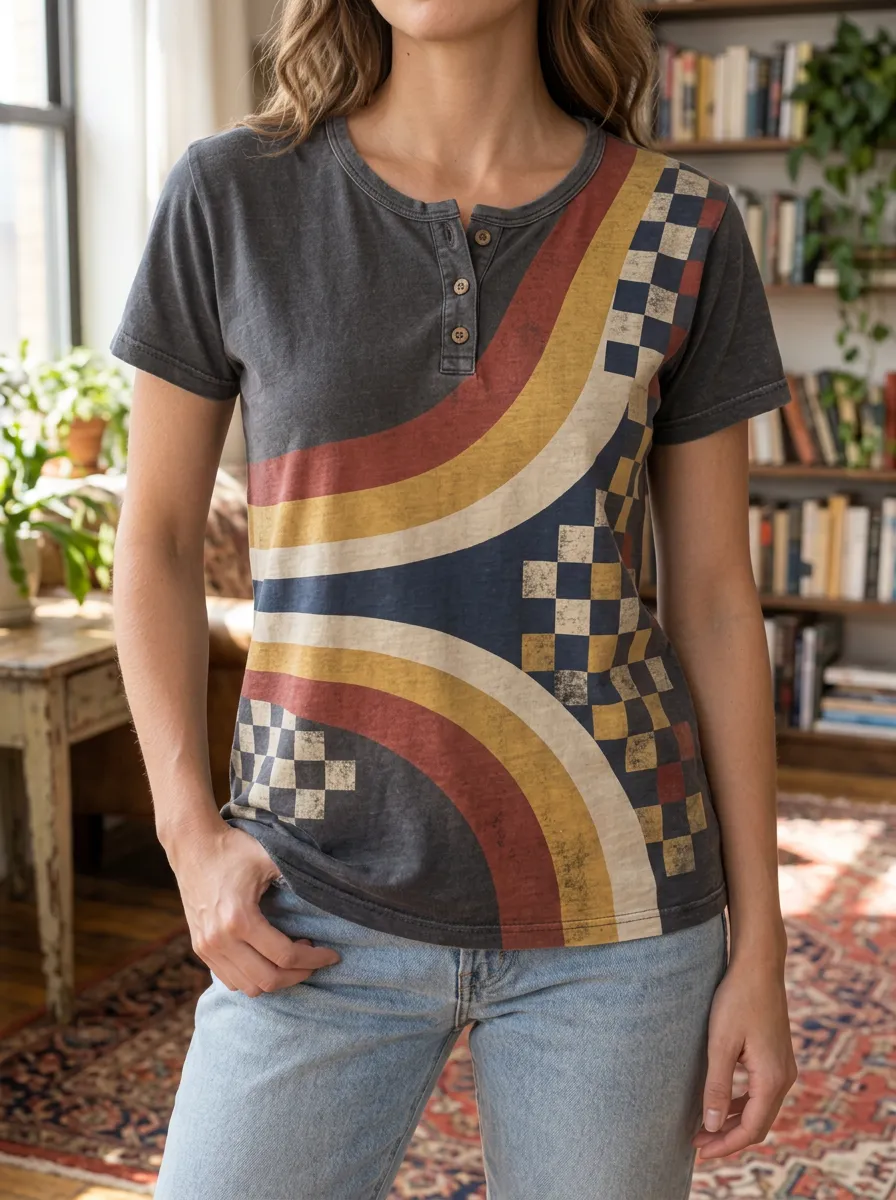Women's Everyday Retro Rainbow Checkerboard Henley T-Shirt