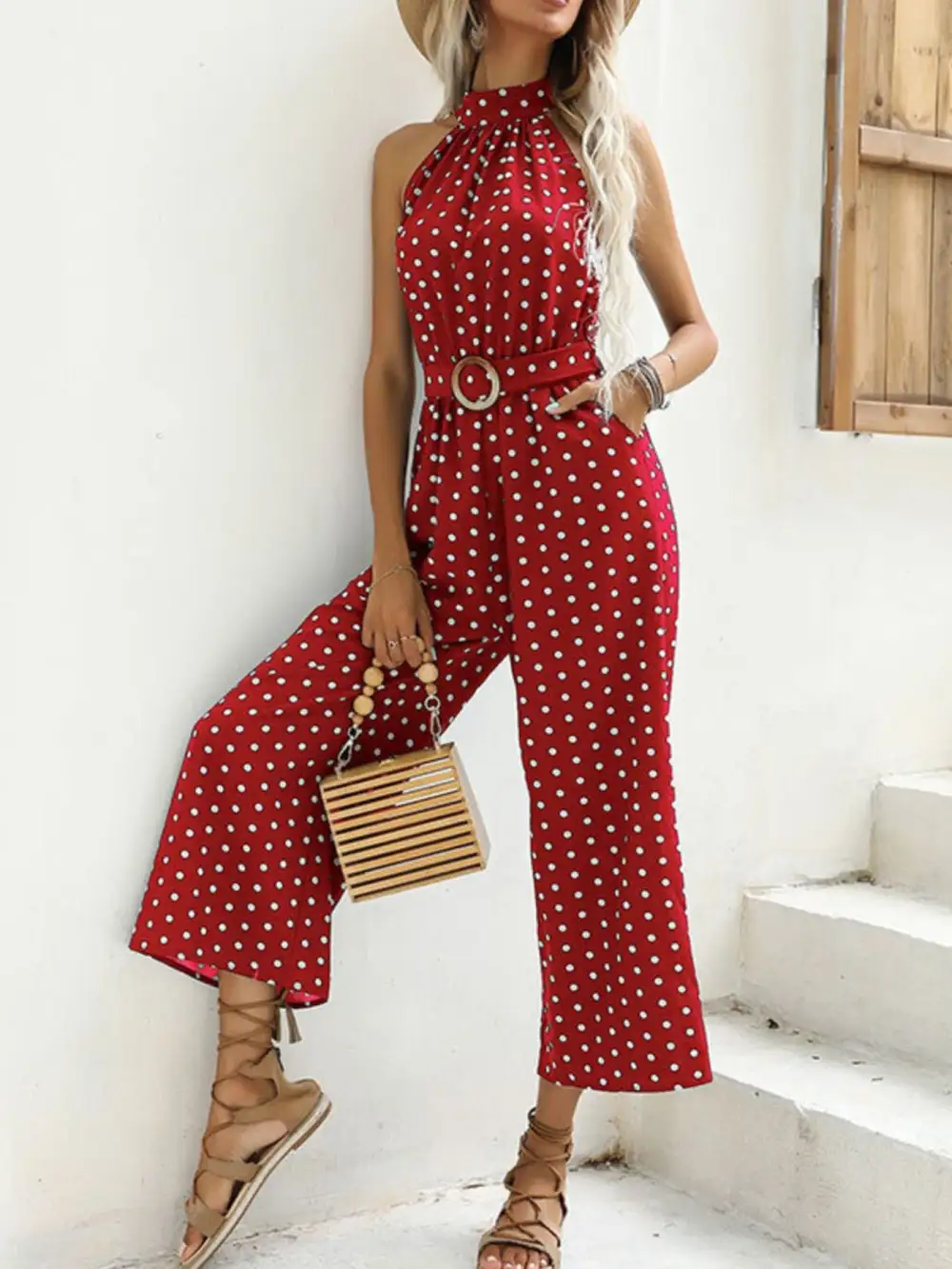 Polka Dot Halter Neck Wide Leg Jumpsuit