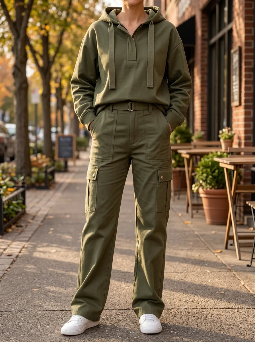 Women's Olive Green Casual Hoodie Cargo Pants Set