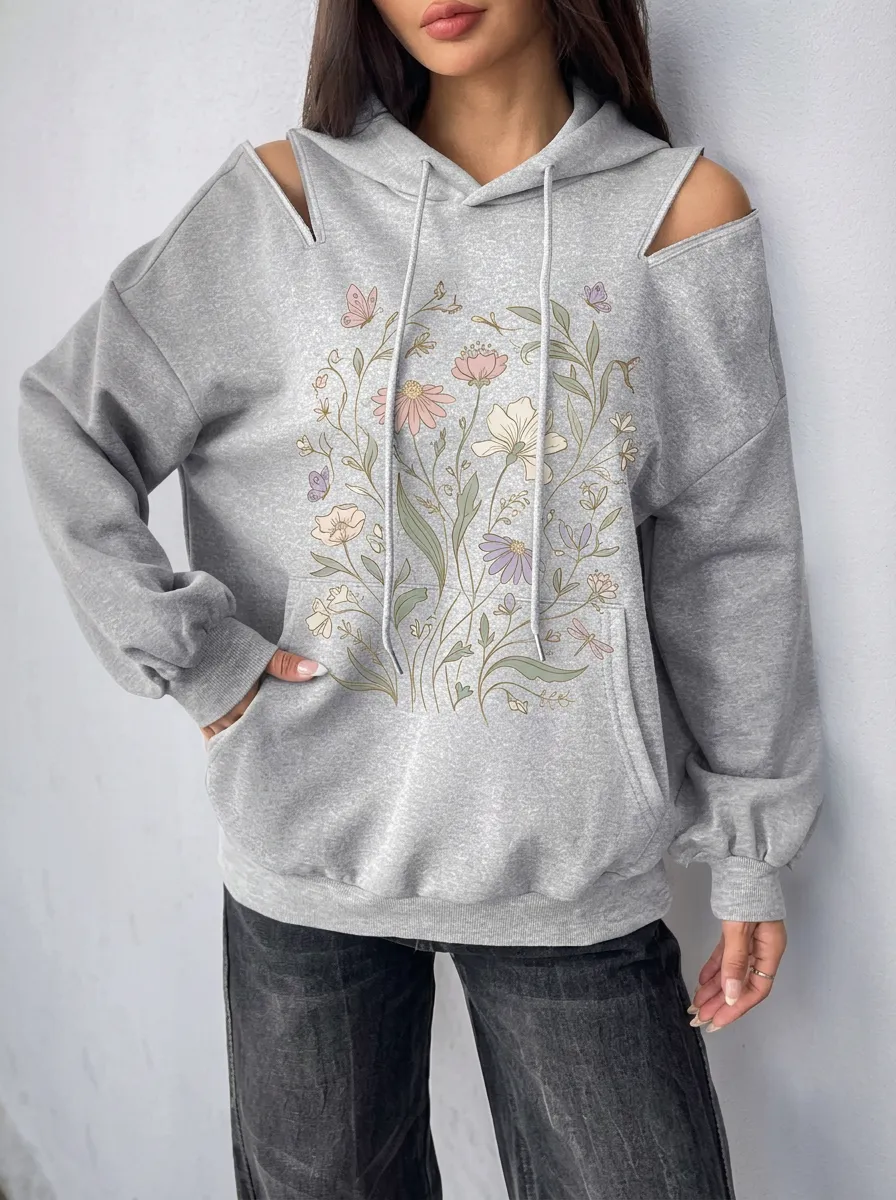 Women's Floral Butterfly Nature Lover Printed Cold Shoulder Hoodie