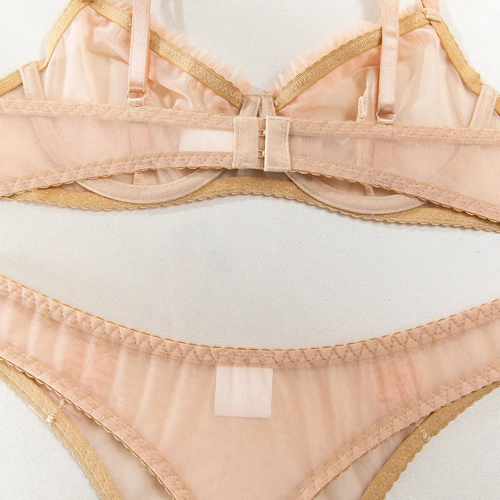 Pleated Mesh Lace Underwire Bra Set