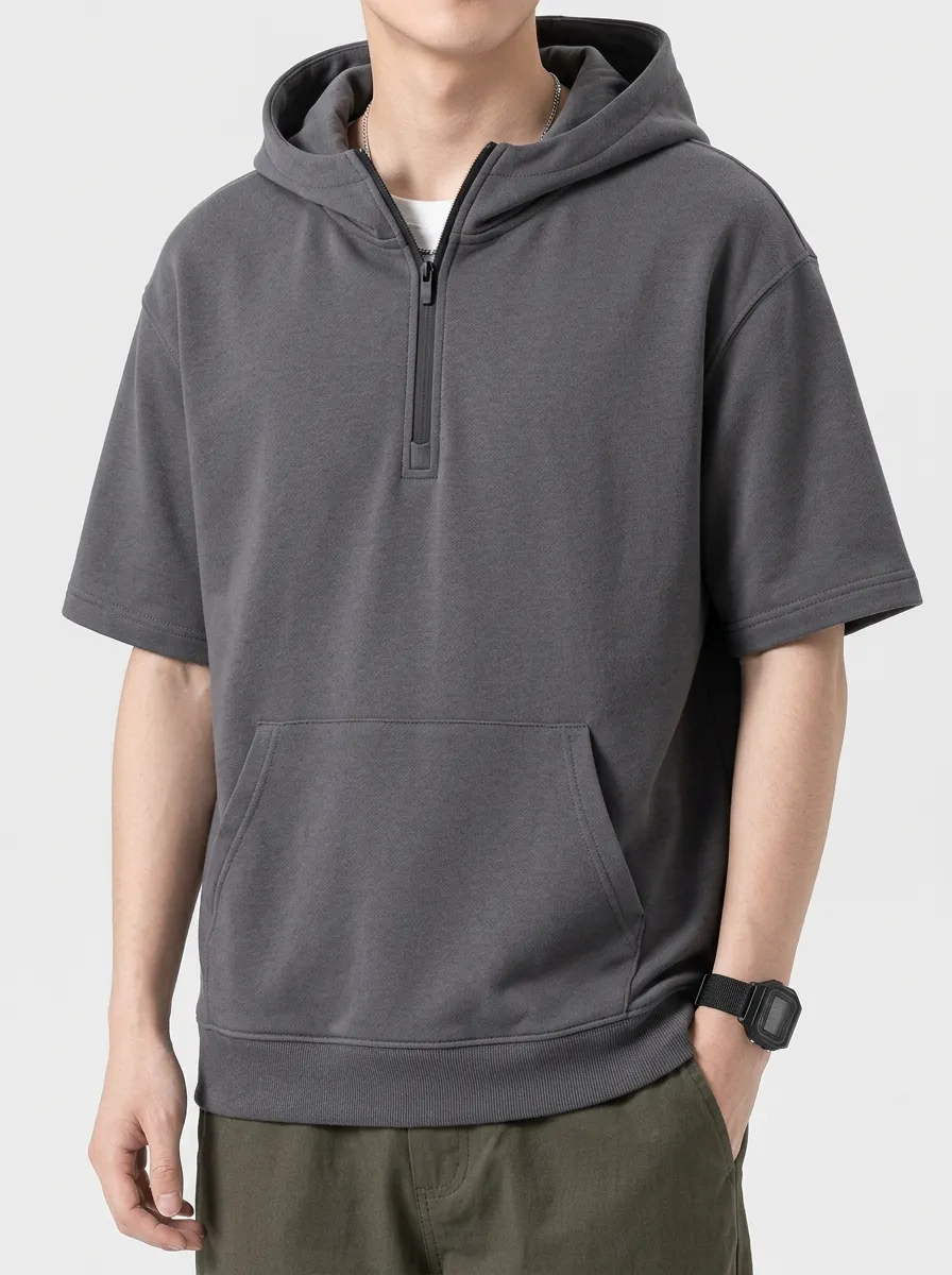 Casual Short Sleeve Quarter Zip Street Look Men's Hoodie