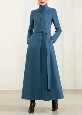 Wool Blend Fit and Flare Single Breasted Stand Collar Pocketed Long Coat