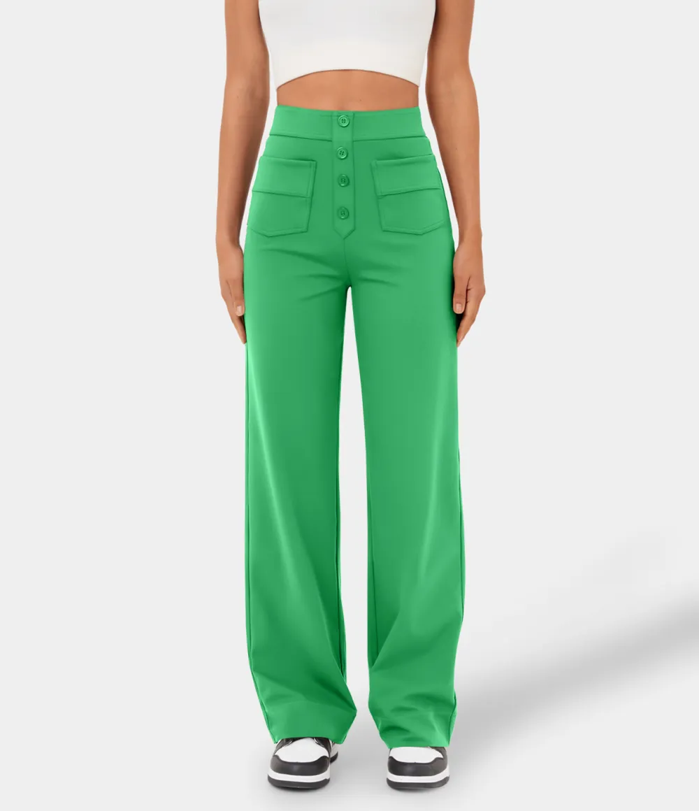 High Waisted Button Multiple Pockets Straight Leg Casual Pants
