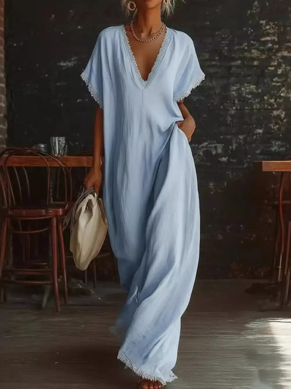 Full Size Lace Trim V Neck Maxi Dress Plus Size