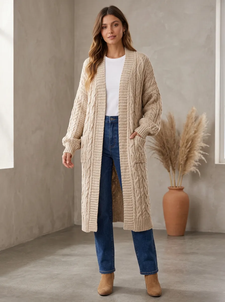 Women's Beige Cable Knit Longline Open Front Cardigan
