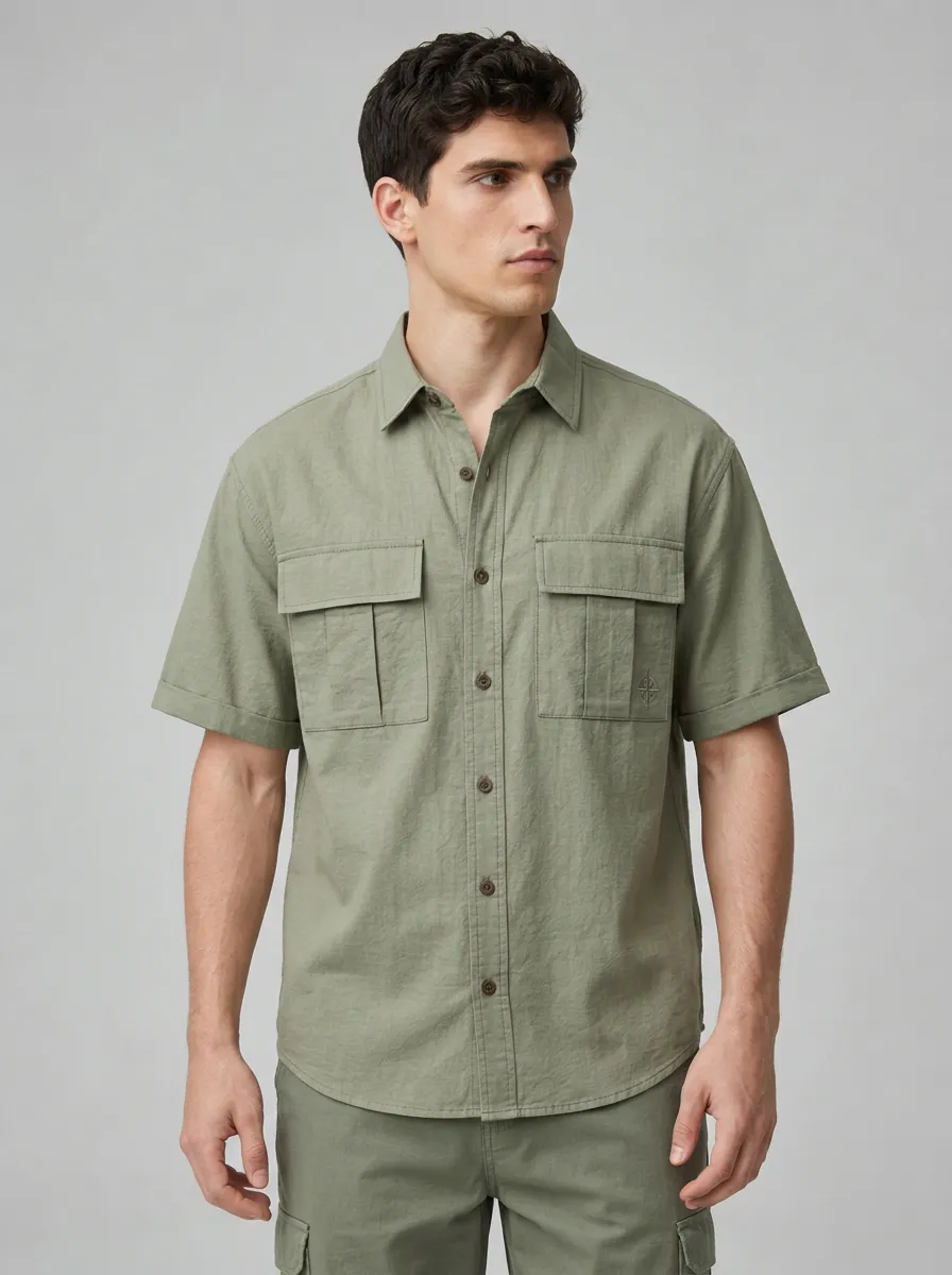 Men's Sage Green Utility Short-Sleeve Shirt - Design A