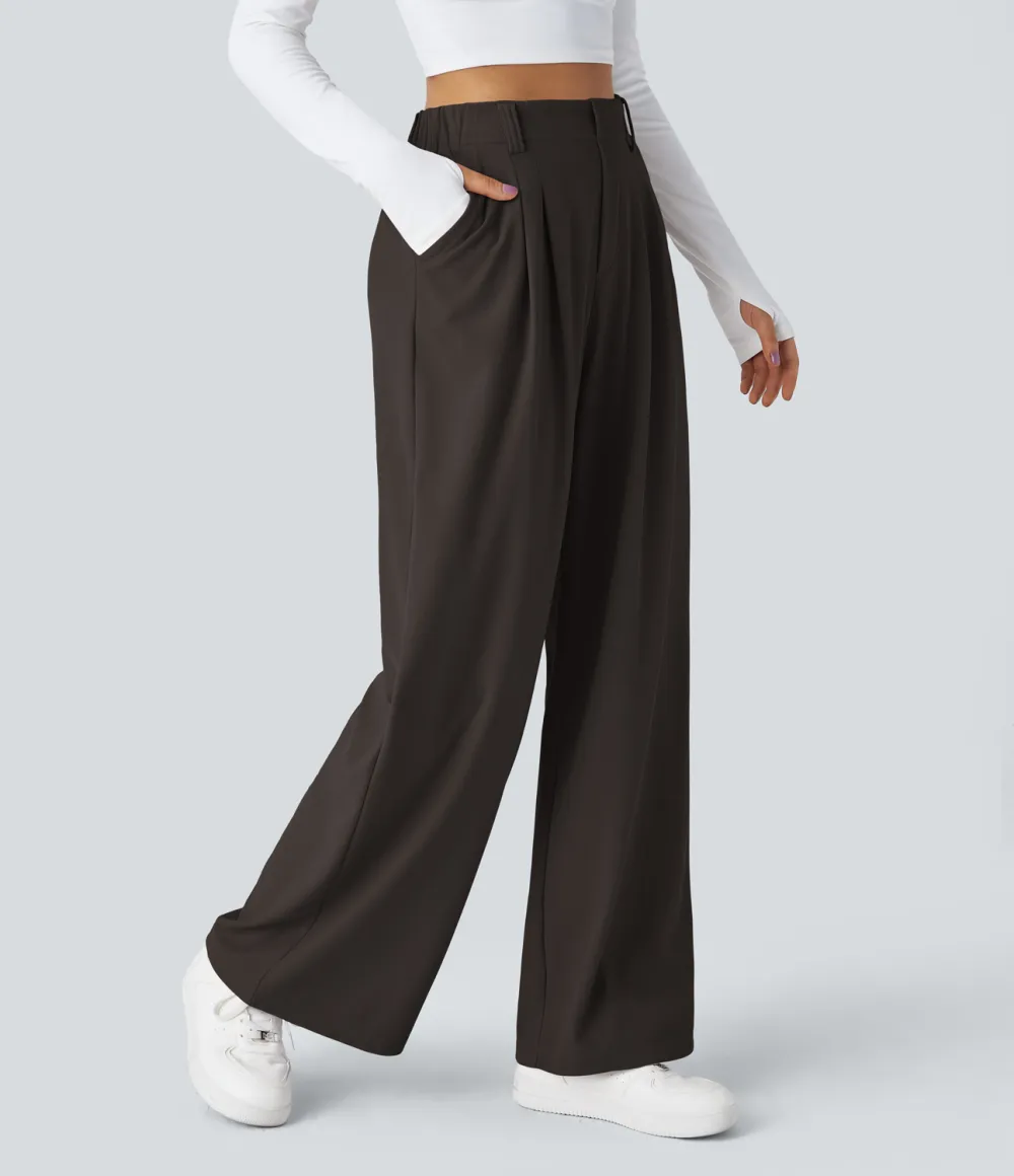 2026🔥  High Waisted Plicated Side Pocket Wide Leg Waffle Work Pants