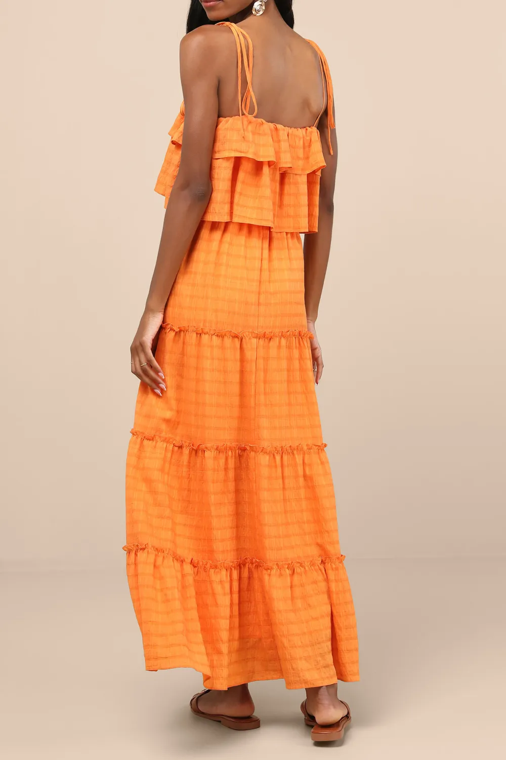 Casual Style Textured Tie-Strap Tiered Maxi Dress