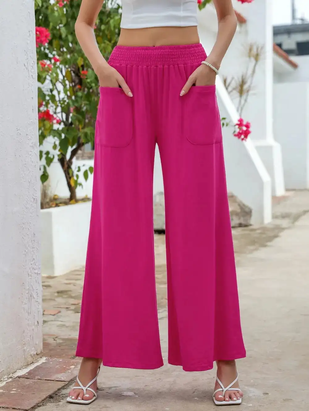 Wide Leg Elastic Waist Pocketed Pants