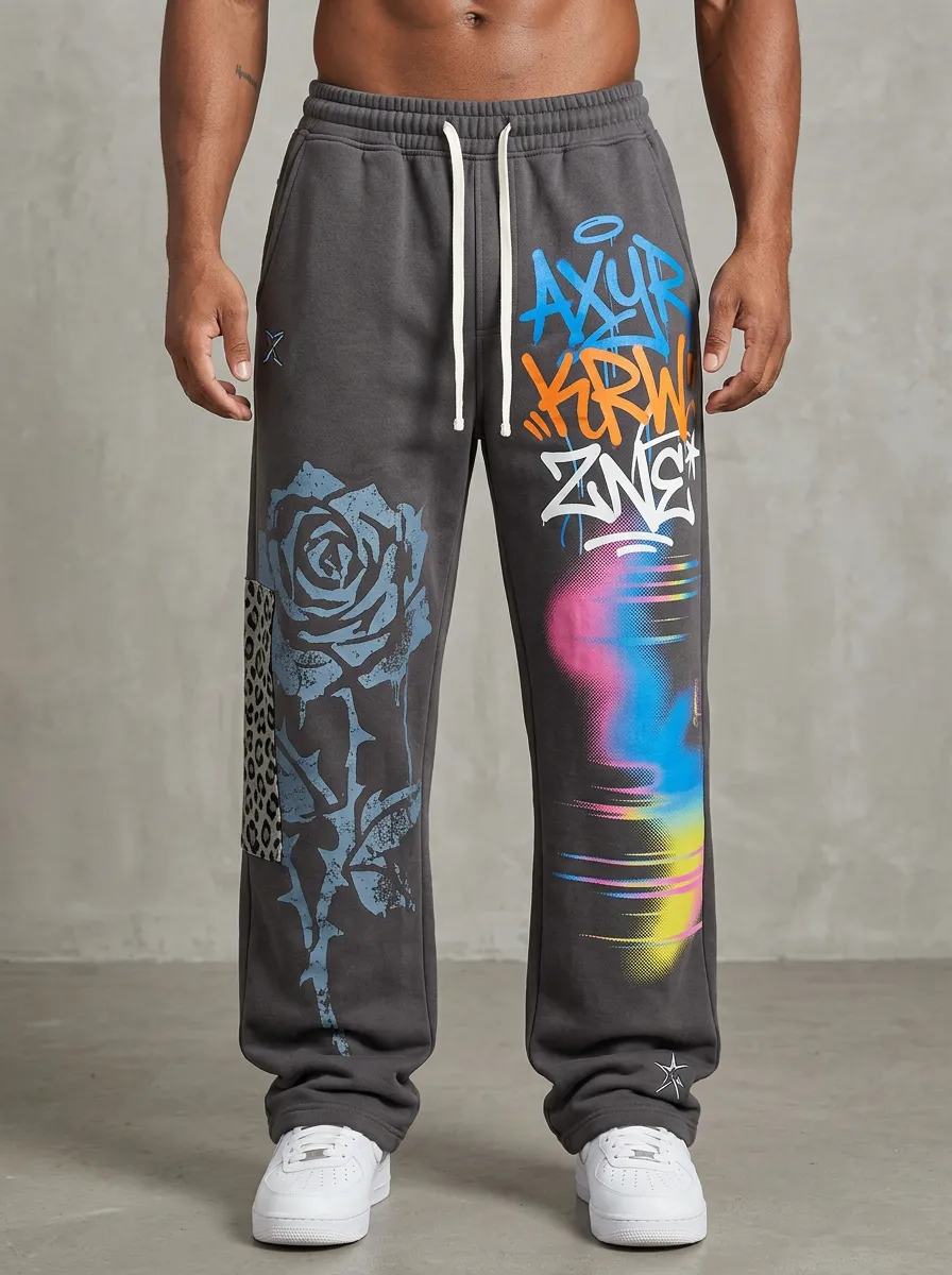 Unisex Streetwear Graffiti Rose Leopard Patch Sweatpants