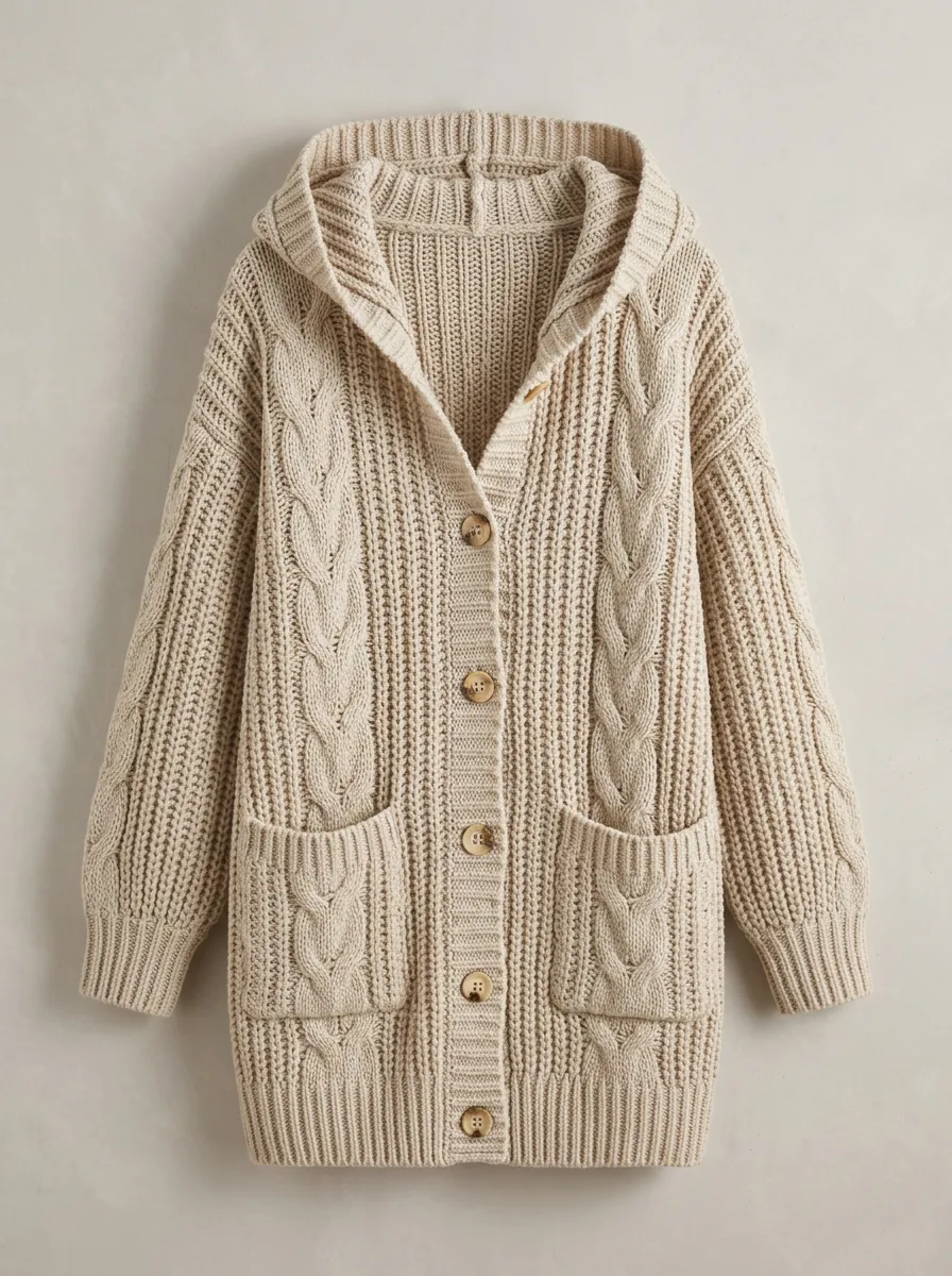 Women's Beige Cable-Knit Button-Front Patch-Pocket Hooded Cardigan
