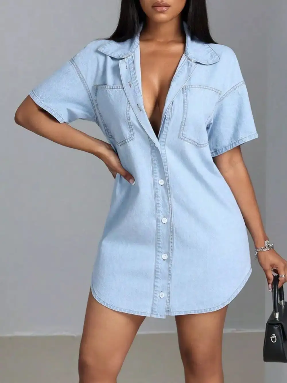 Denim Button Front Short Sleeve Dress Casual