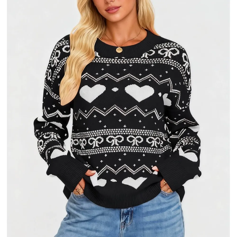 Valentine Heart and Bow Pattern Pullover Sweater