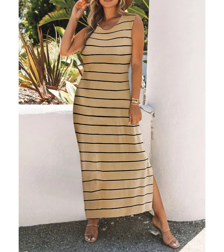 Striped Slit Sleeveless Maxi Dress