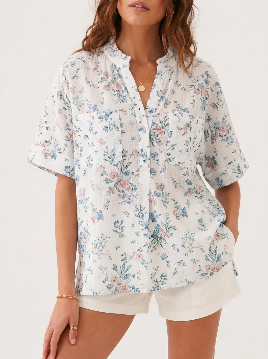 Women's Floral Pattern Textured Cotton Printed Shirt