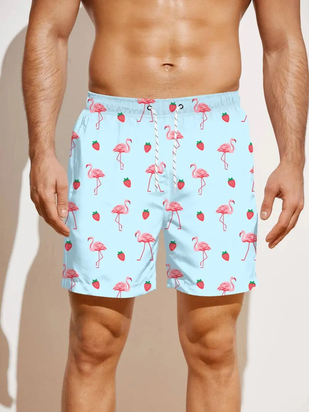 Men's Boho Flamingo Drawstring Allover Print Beach Shorts