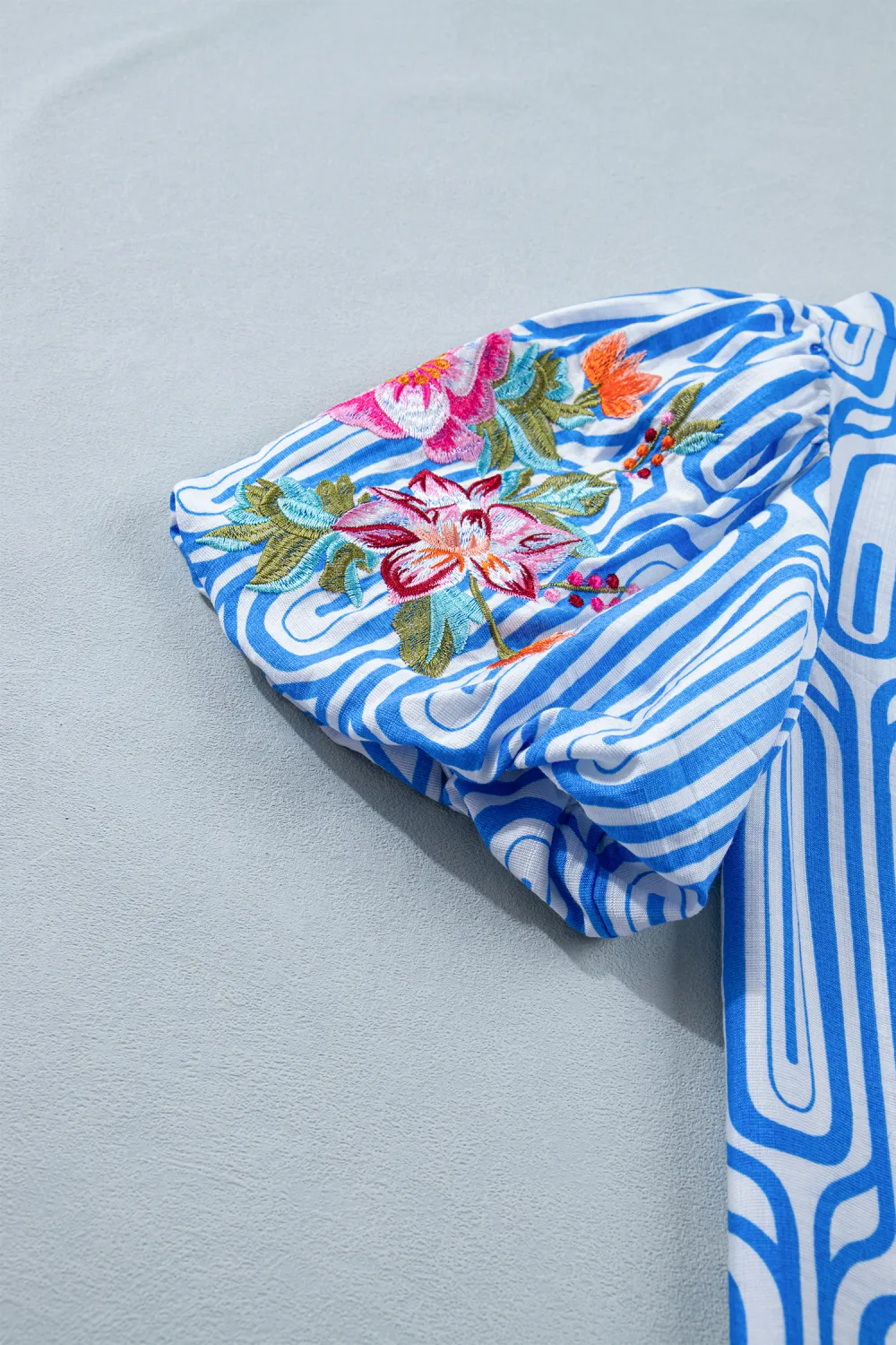 Sky Blue Geometry Print Floral Blouse