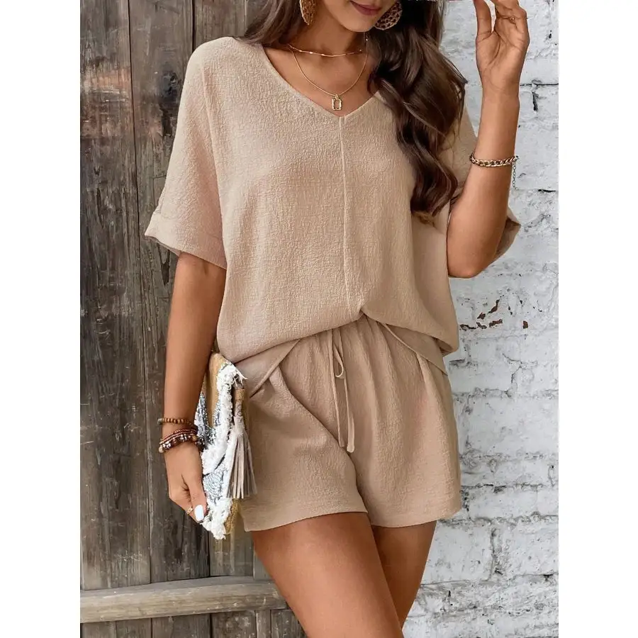 Relaxed Fit V Neck Top and Shorts Two Piece Set