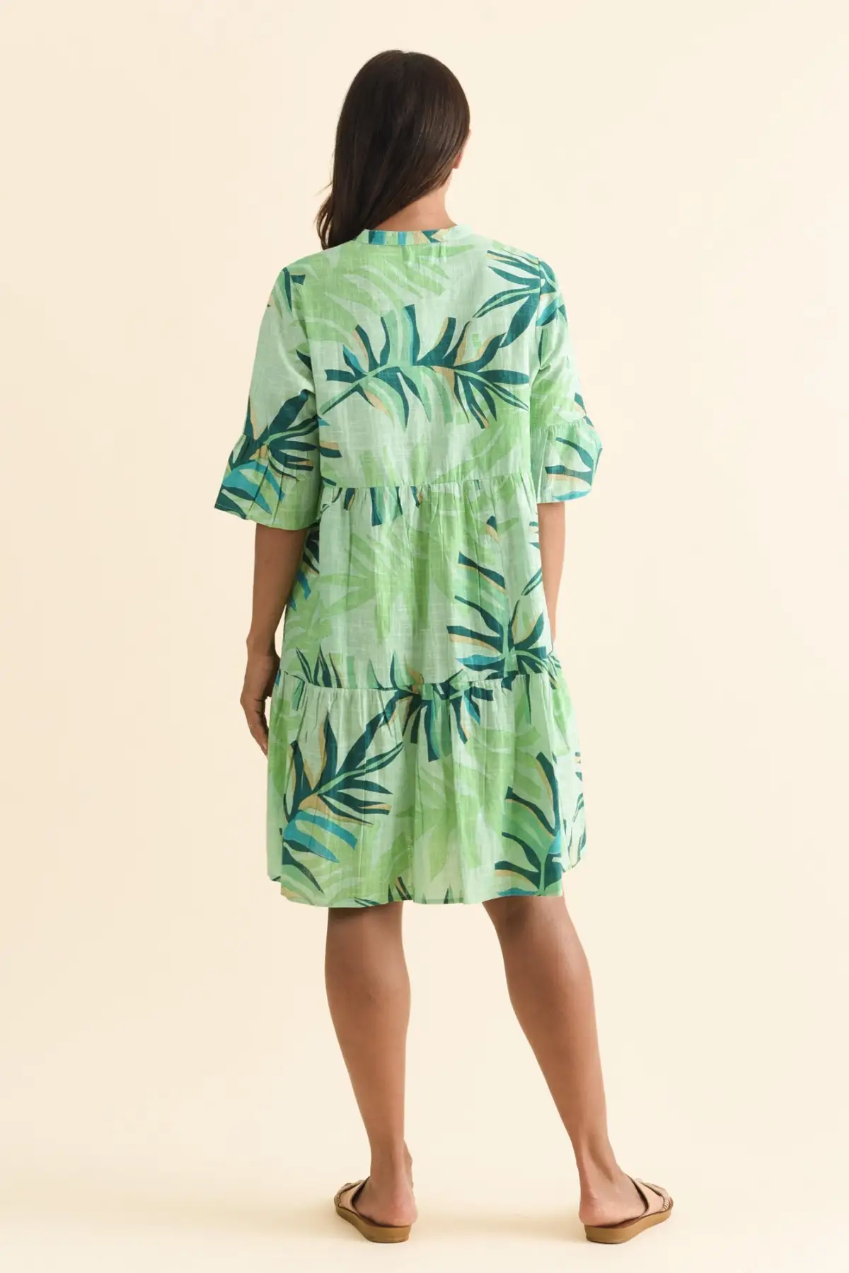 Above-Knee Floral Cotton Tiered Ruffle V-Neck Half-Sleeve Dress