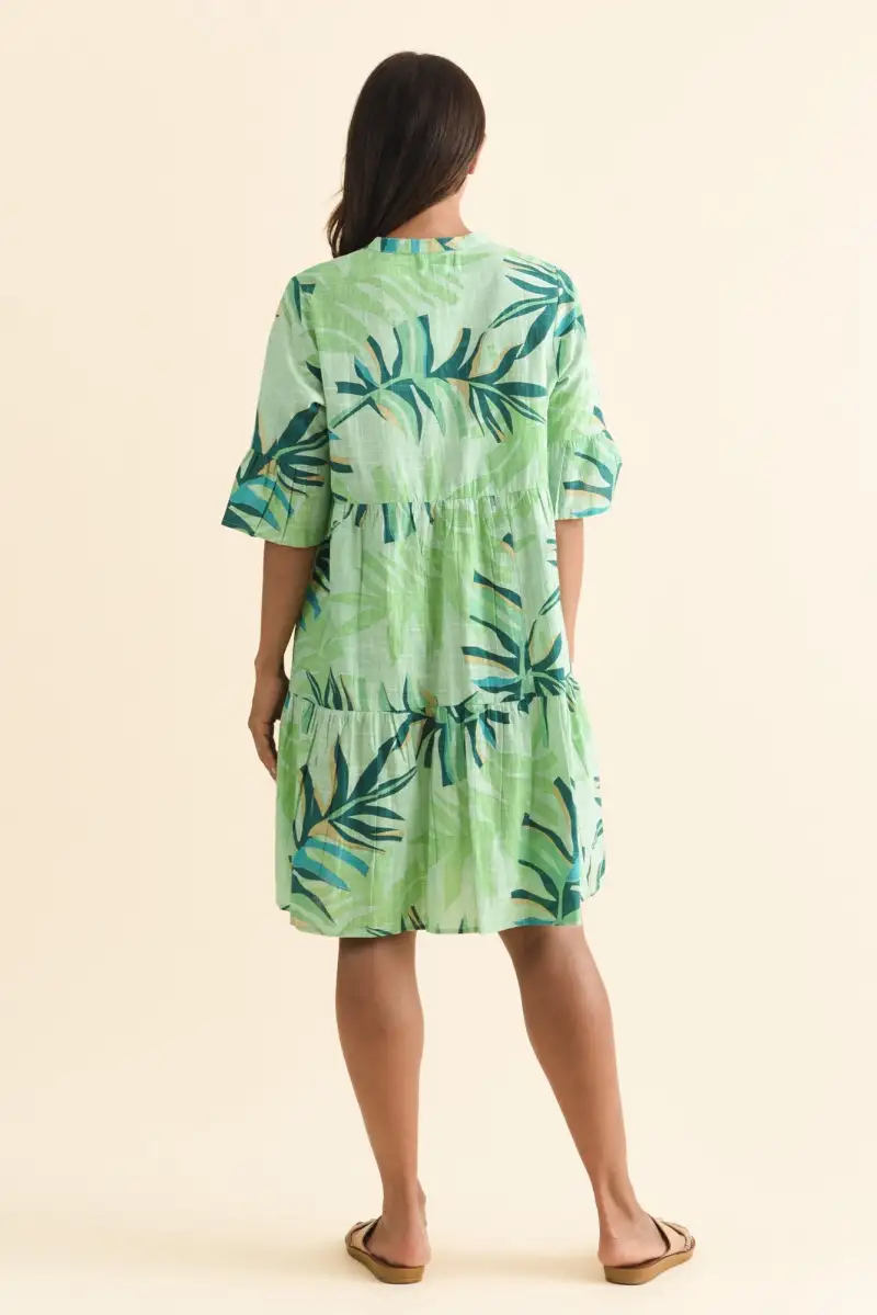 Above-Knee Floral Cotton Tiered Ruffle V-Neck Half-Sleeve Dress