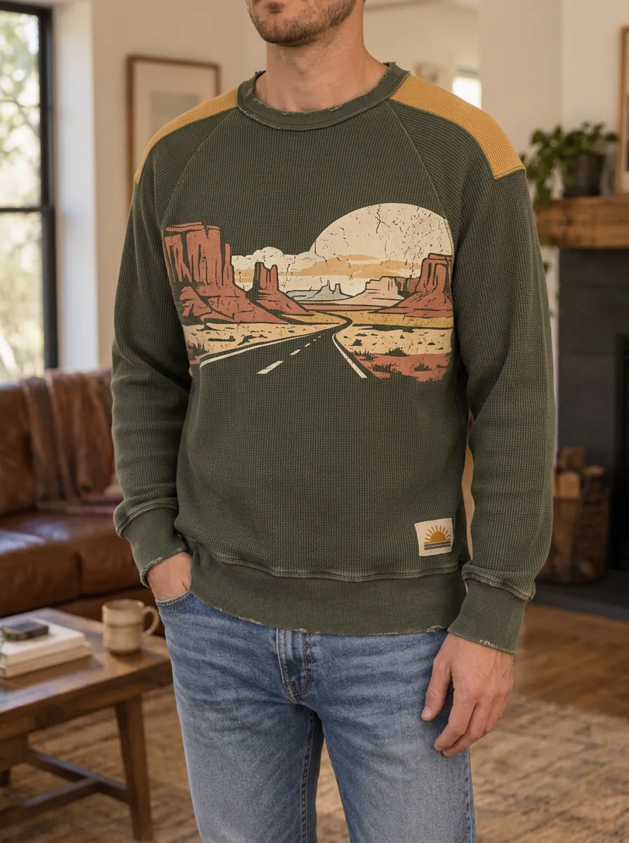 Men's Olive Desert Graphic Waffle Knit Crewneck Sweatshirt
