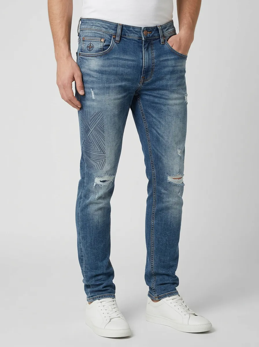 Men's Mid-Blue Geometric Pattern Distressed Slim Fit Jeans