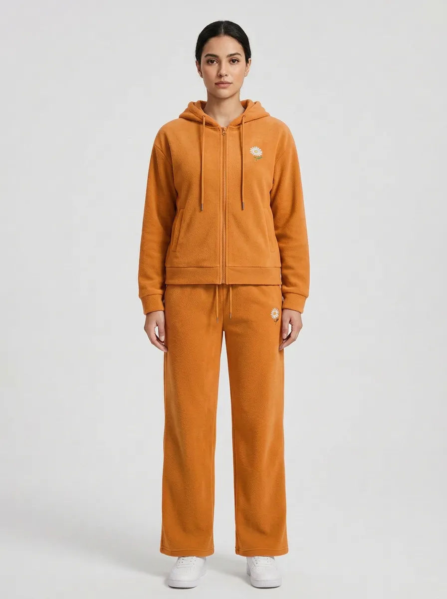 Women's Embroidered Daisy Zip-Up Hoodie And Lounge Pants Set