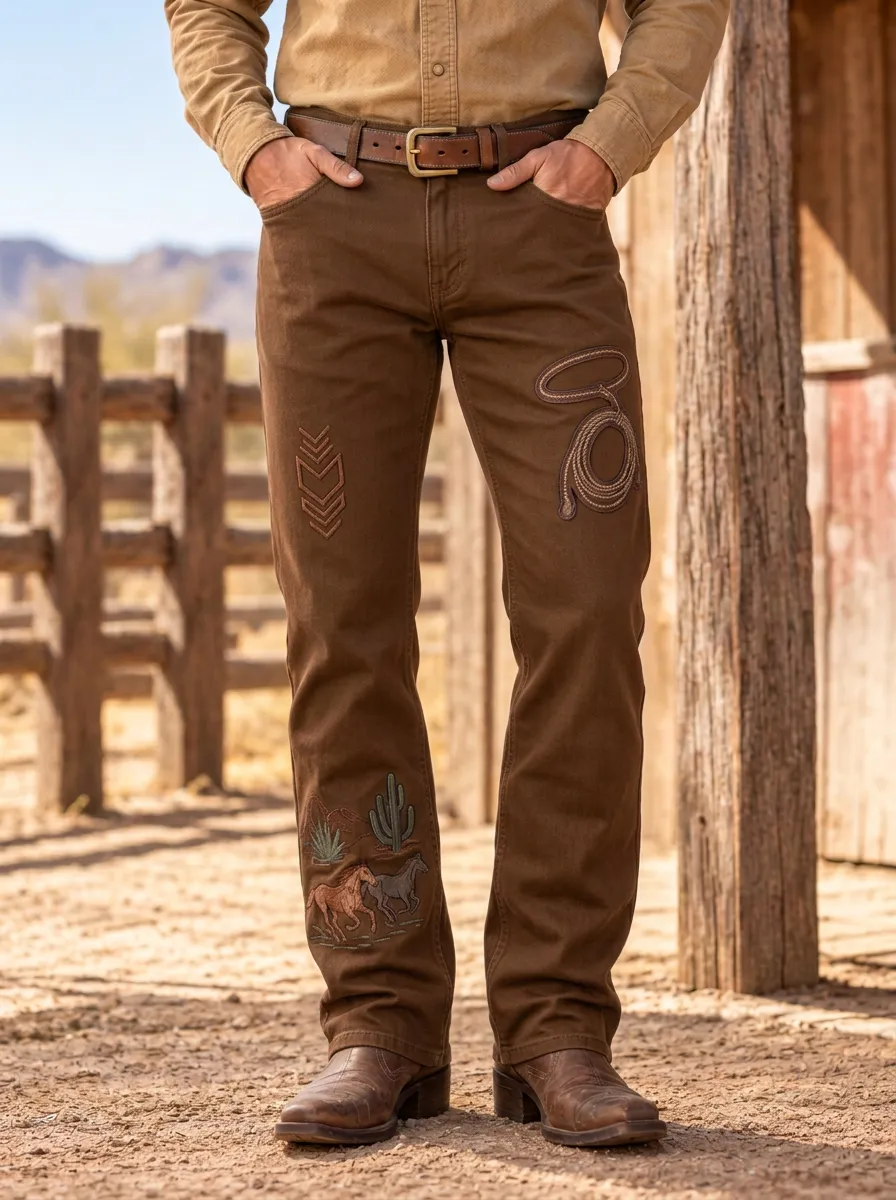 Men's Classic Western Cowboy Horse Lasso Cactus Jeans