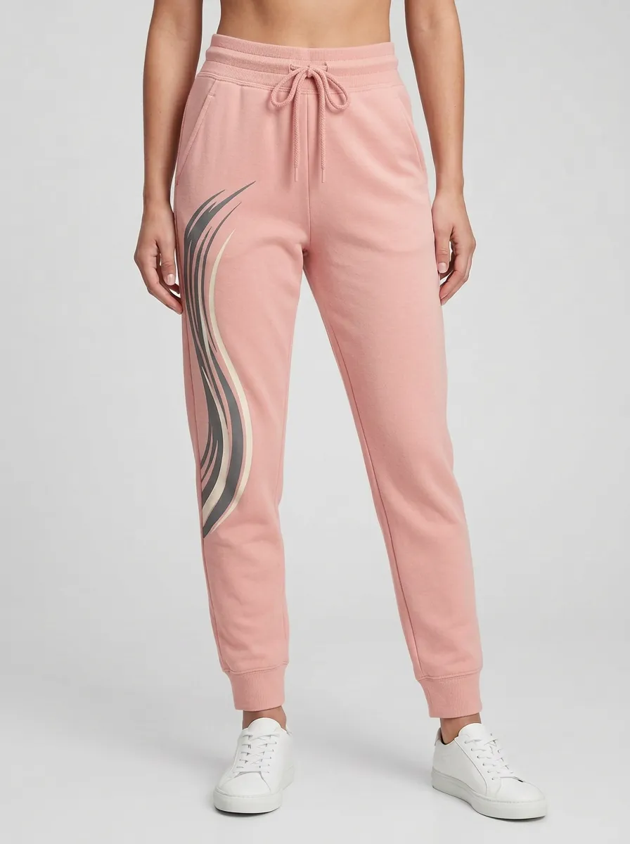 Women's Casual Beige Abstract Wave Graphic Joggers