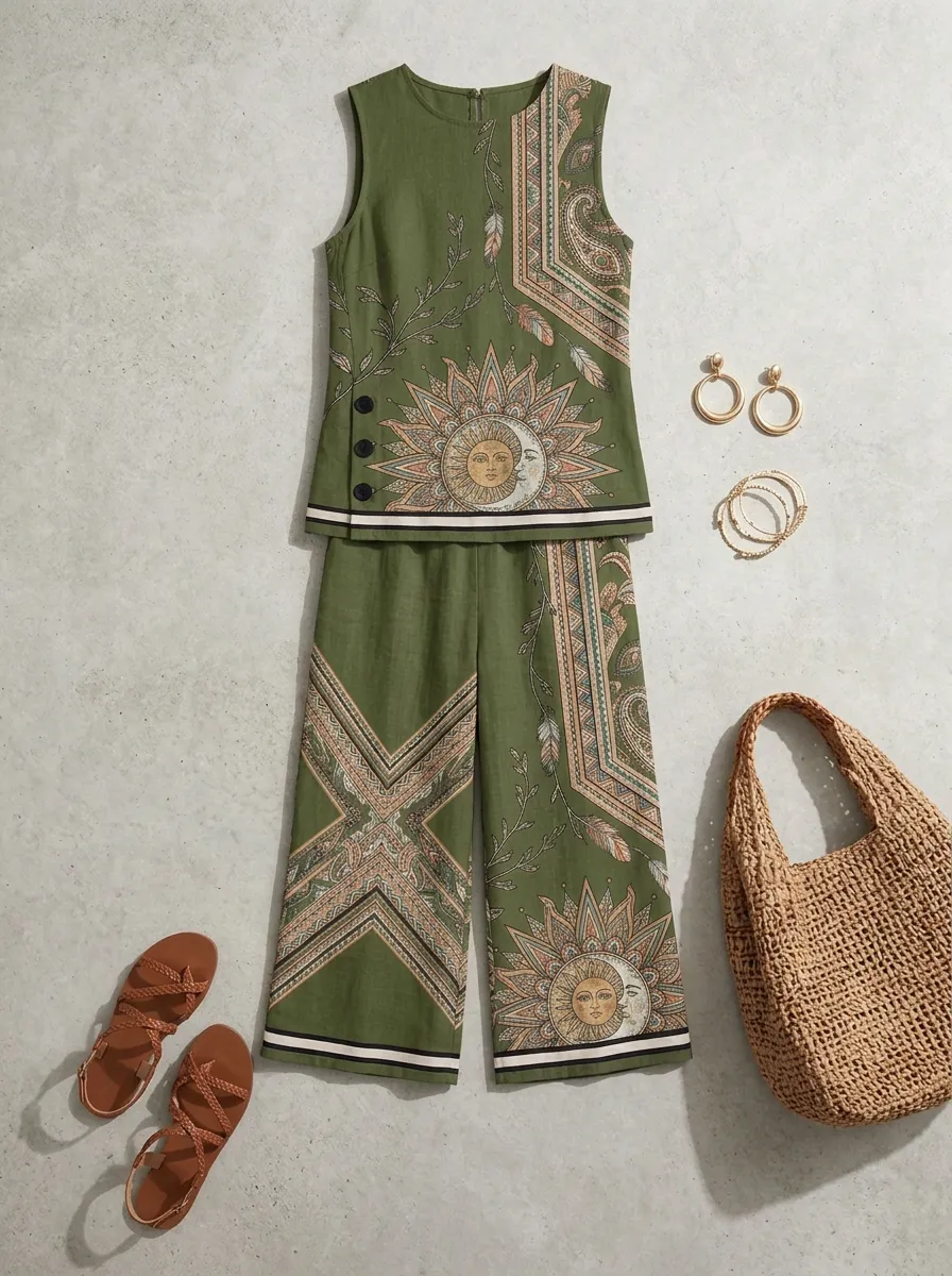 Women's Boho Sun Moon Paisley Printed Sleeveless Set