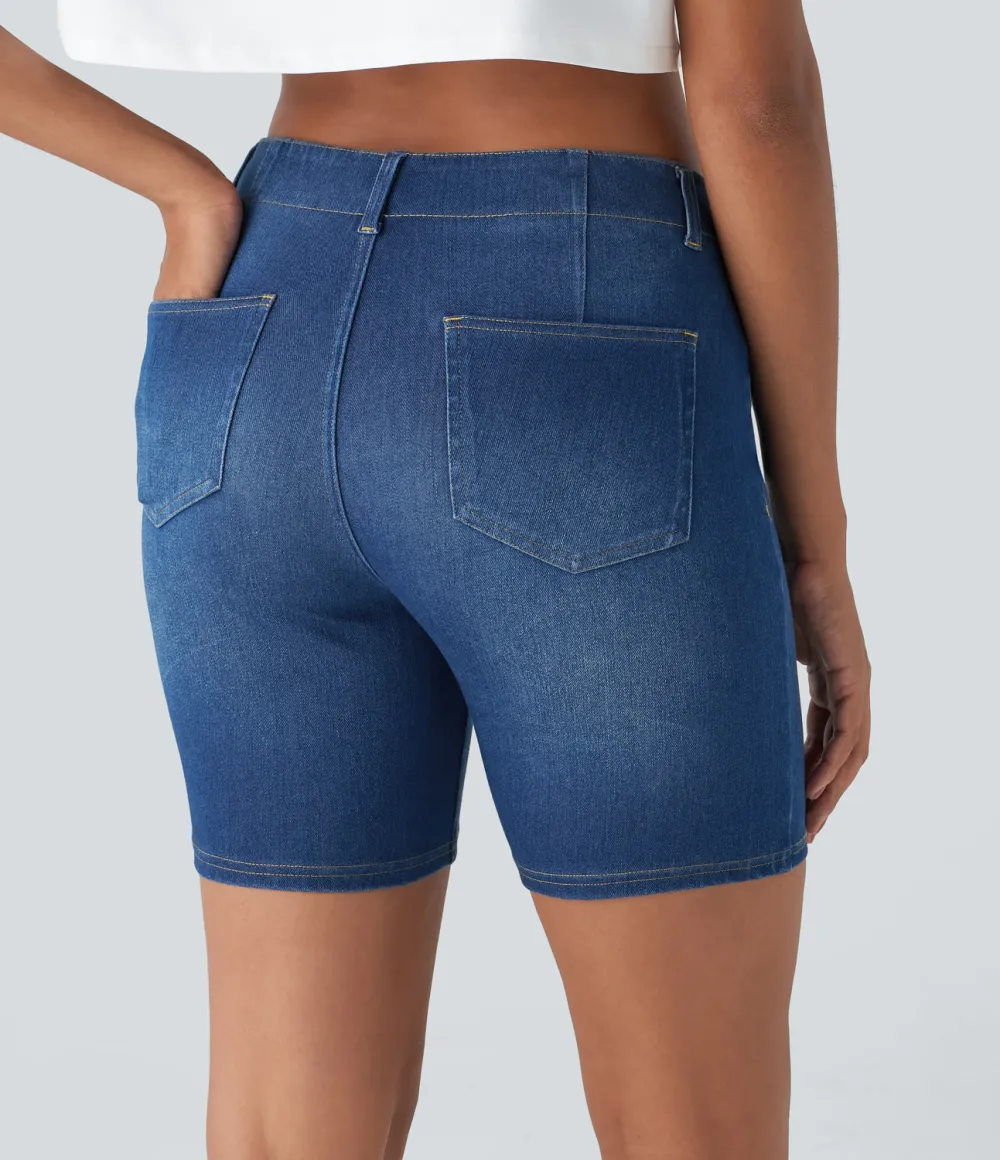 Magic Mid Rise Back Pockets Skinny Cool Touch Washed Stretchy Knit Denim Casual Shorts