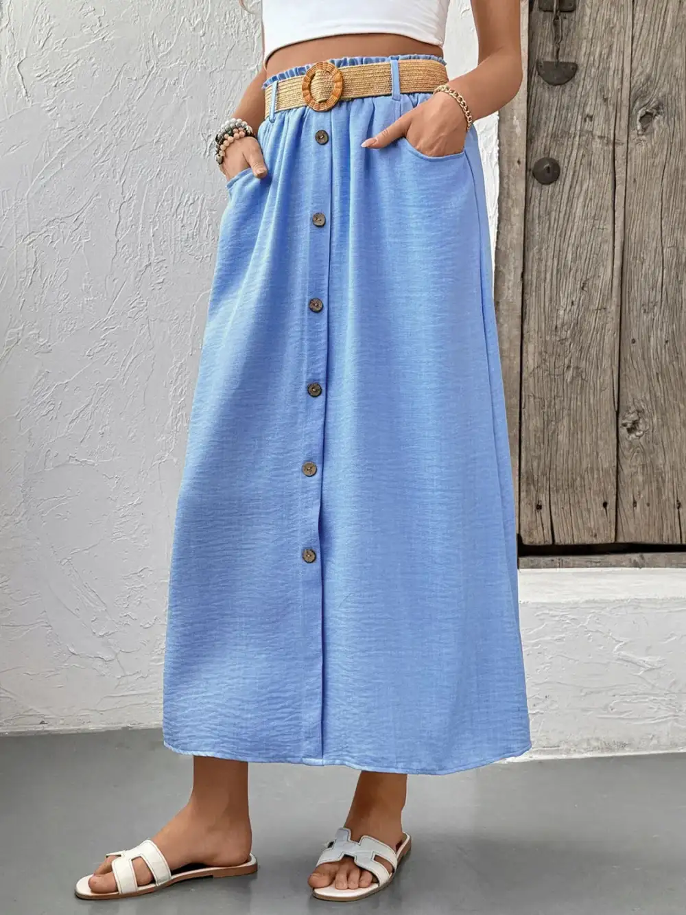 Decorative Button Front Midi Skirt