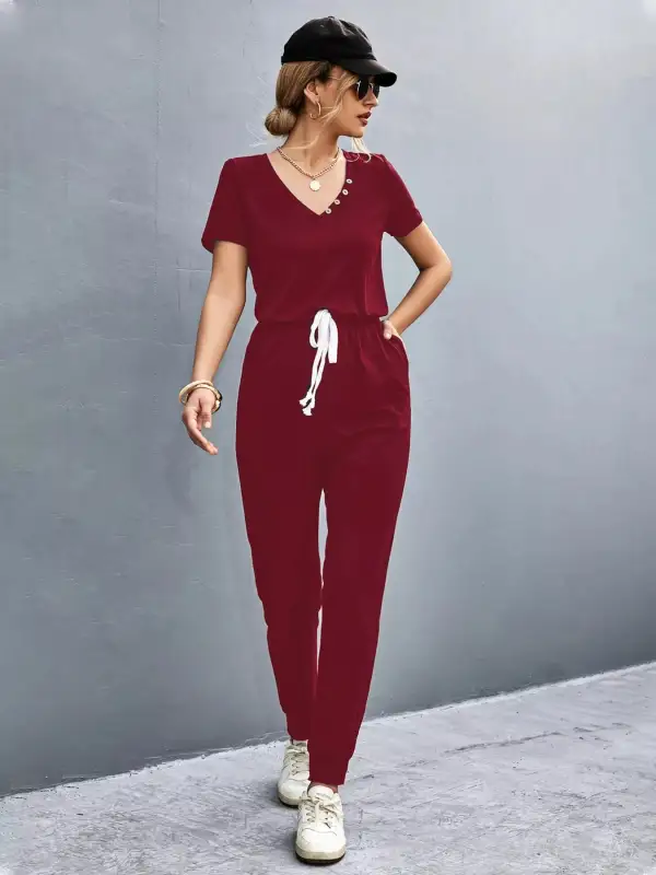 Casual V Neck Short Sleeve Drawstring Shorts