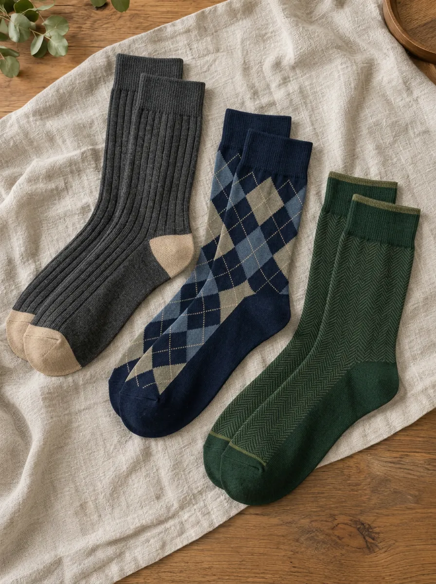 Men's Classic Argyle Ribbed Herringbone Patterned Socks Set