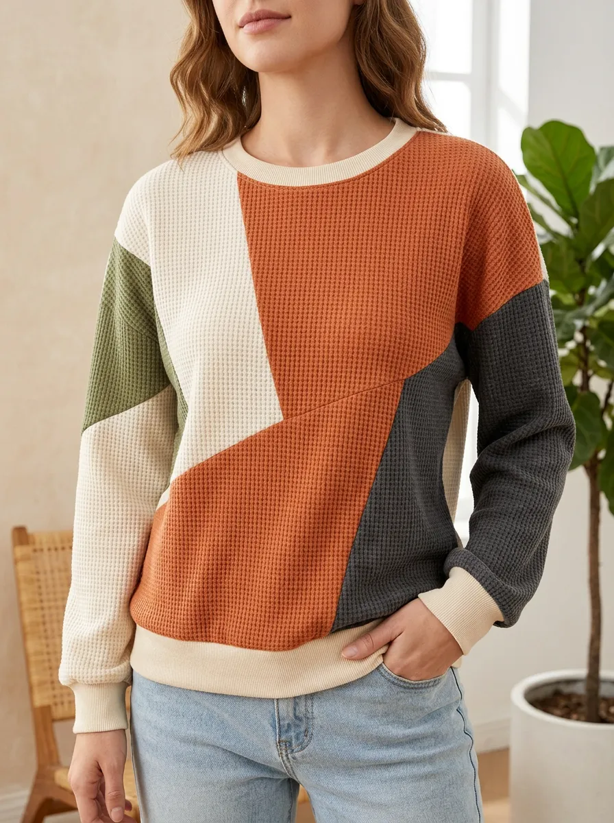 Women's Colorblock Geometric Pattern Casual Waffle Knit Crewneck Sweatshirt
