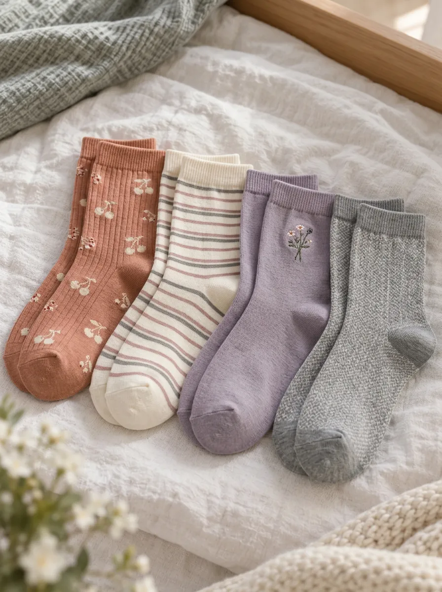 Women's Assorted Cherry Floral Ribbed Striped Embroidered Vintage-Inspired Printed 4-Pack Crew Sock Set