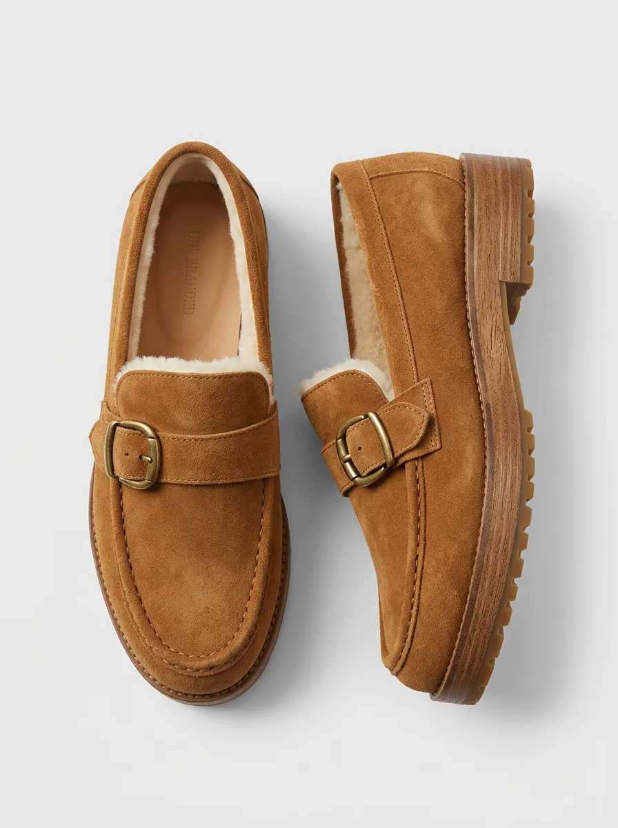 Buckle Faux Fur Lined Suede Wood Sole Loafers